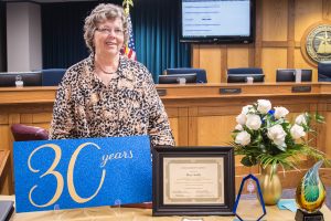 Mary Kohls with her 30 Year of Service to Phi Theta Kappa recognitions. 4/28/2017 Image Credit: Jessica Cargill